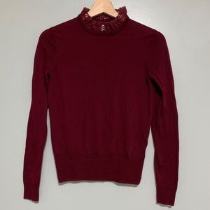 J. Crew Tippi Sweater with Lace Collar Burgundy XS